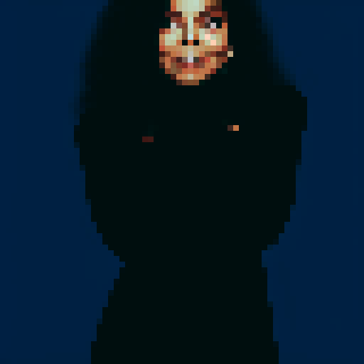 Happy, luscious Janet Jackson strikes a pose with hands on hips or sides while wearing a black turtleneck sweater; use a large aperture for shallow depth of field and render her as a Pixar character in pixel art style.