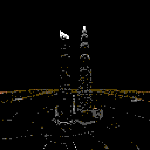 large skyscrapers at night, large black sky, white shining stars, viewed from afar, retro, nostalgic feel
