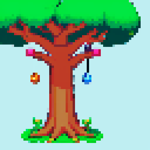 Tree, adorable, game asset, Earthbound-style pixel art, vibrant colors, detailed leaves, whimsical branches, cartoonish trunk, playful textures, nostalgic vibes