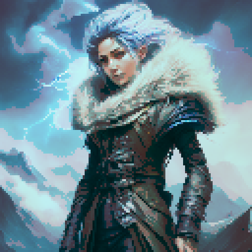Here is the illustration of Thalrin Stormcaller, the powerful storm wizard from the CryptoWizards game. Thalrin is depicted with long, wild silver hair and piercing blue eyes that reflect his mastery over storm magic. He is adorned in a blue and white robe with lightning bolt motifs, holding a staff that constantly emits sparks, topped with a lightning bolt. The background shows a stormy sky with dark clouds and flashes of lightning, emphasizing his control over the elements. Thalrin's confident