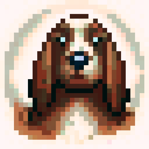 chocolate american cocker spaniel sitting, playful expression on its face, docked tail, shiny fur, expressive eyes, wagging tail, ears slightly lifted, game icon, 32x32 pixel art, sRGB, skill art, close up, portrait