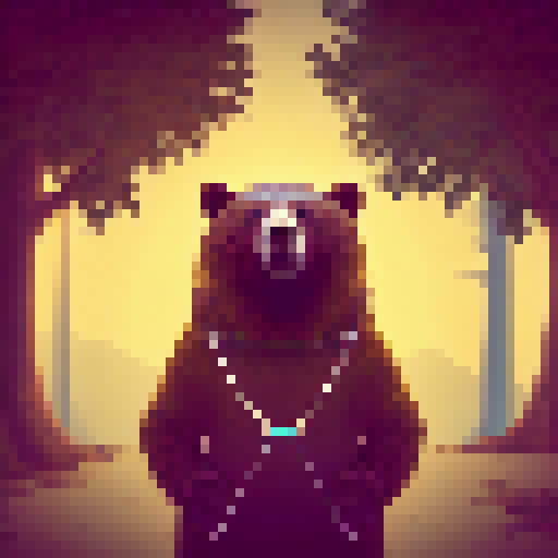 a bear wearing headphones, jumping with its arms in the air, sunset and trees in the background, pixel art, dramatic --ar 9:16 --s 750