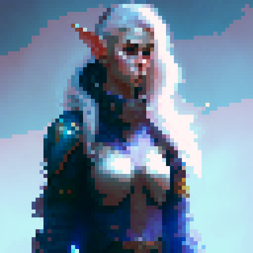 female elf, long blonde hair, blue eyes, shoulders up, fantasy RPG