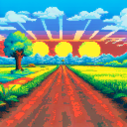 pastoral landscape, fields (yellow), sunset