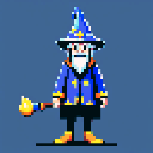 Create a pixel art character of a whimsical wizard . The wizard should wear a blue robe covered with yellow stars and a matching pointy hat. He should have a playful grin
