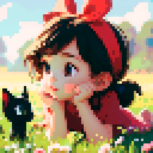 little cute girl lies on the grass and looks at the kitten