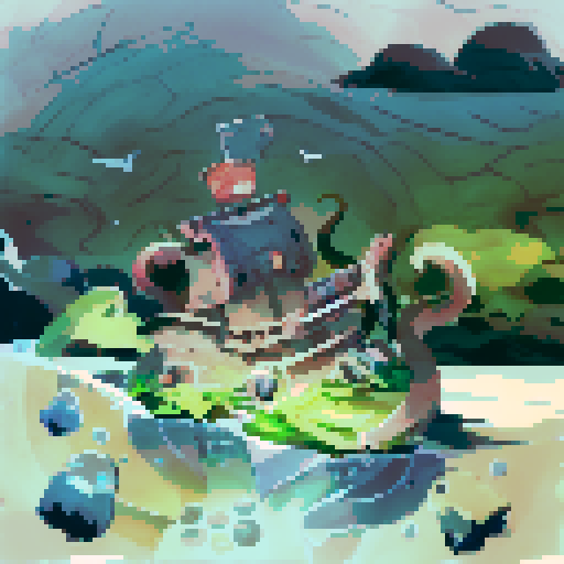 a main character, a few goblins in the background with bow, sword, spear, a mountain in the background.