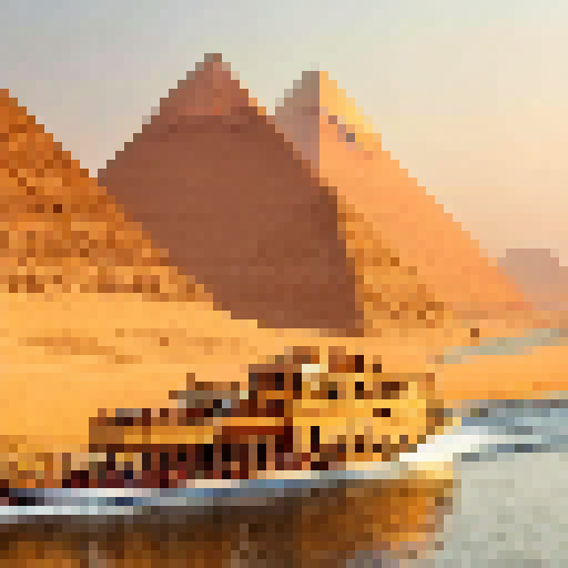 A majestic riverboat sails through the golden light of the Egyptian desert, its bow cutting through the waters of the Nile as the ancient pyramids stand in the background.