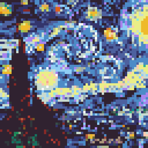 Swirling, vibrant, cosmic hues against a black backdrop, pixelating into a mesmerizing night sky, sRGB, pixel art, background, landscape