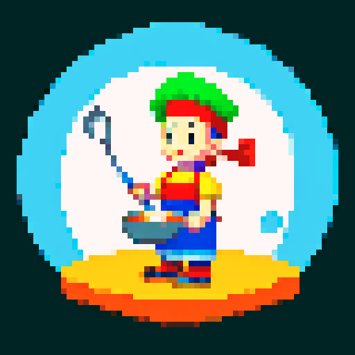 cooking chef character, pixel art, frying pan in hand, 2D plateformer video game, vibrant colors, detailed shading, dynamic pose, sRGB