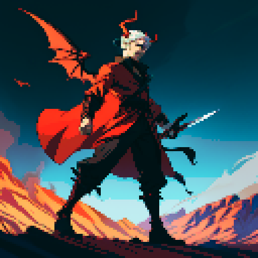 full-body image of a male demon, one winged demon, sexy male, horns, sword, facing right, ready to fight, hellish landscape