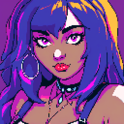 Busty curvy goth babe with studded collar, vibrant neon colors, bold outlines, and a retro sRGB color palette
