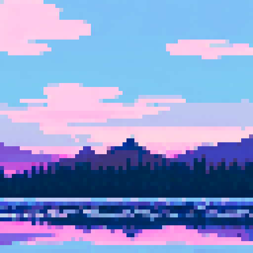 misty mountains with a bright pink sunrise, reflected in a serene lake surrounded by tall pine trees and a cozy cabin in the middle of the forest