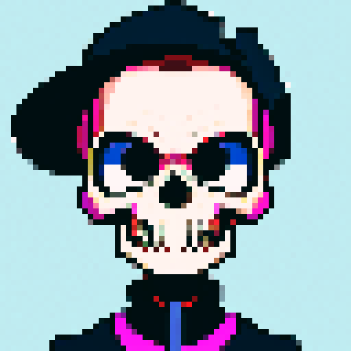 cartoon skull face, vibrant colors, bold lines, exaggerated features, pixelated details, sRGB color palette