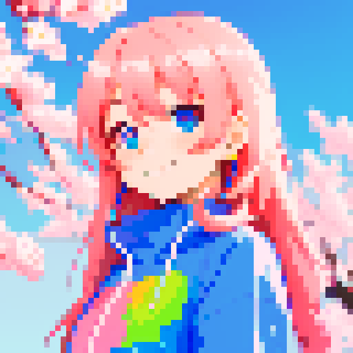 Anime inspired character with vibrant hair, expressive eyes, and a playful smile, surrounded by pixelated cherry blossoms and glowing neon lights, all rendered in the vibrant sRGB color space