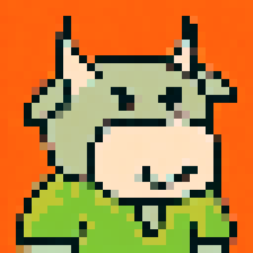 A pixel art portrait of a bull with a neutral expression, featuring a minimalist design with light skin tone, solid colors, Set against a solid orange background. The style is reminiscent of early video game characters, with a square aspect ratio.