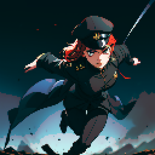 full-body image, military general woman, black uniform, black hat, evil, facing left, ready to fight, war background, battlefield, warfare