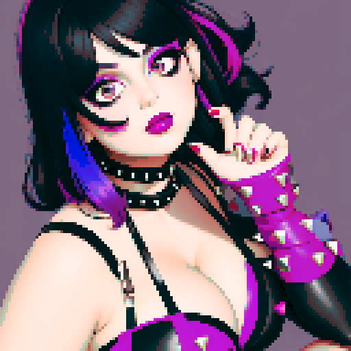 
curvy, cute goth woman's face, black hair, purple eyeshadow, red lipstick, studded leather straps, bikini, face portrait, beauty photo, vibrant sRGB colors.
