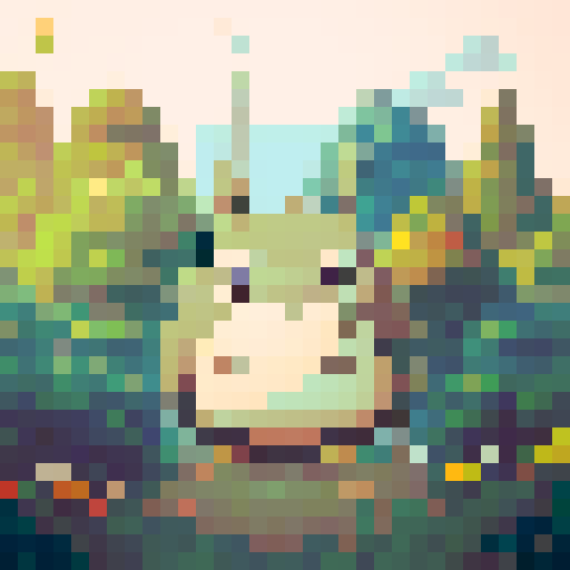 Totoro character, fluffy and chubby, with big round eyes, rendered in vibrant colors, showcasing intricate pixel art details