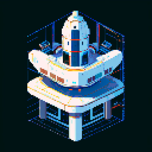 2d Spaceship in empty space, metallic exterior, retro aesthetic, pixelated details,blinking lights, wireframe outlines, geometric shapes, low-resolution textures, pixel art style, sRGB color space
View from above