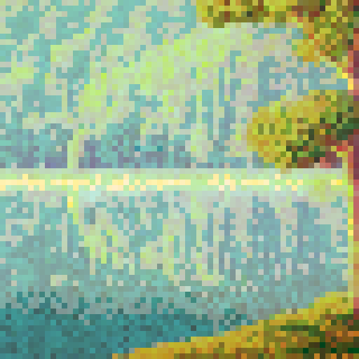 64x64 grid of square pixels, soft, blended colors, subtle, muted tones, calm and serene atmosphere, pointillism, abstract, dotted feel, sRGB, pixel art, background, landscape