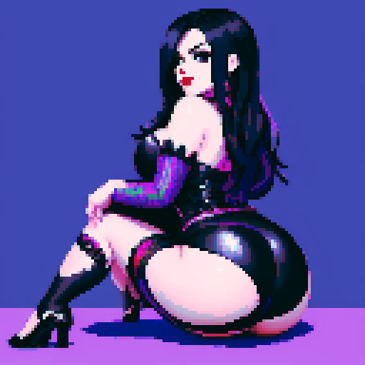 curvy goth girl sitting, black hair, purple eyeshadow, red lipstick, rear end view, rear view glamour shot, pixel art, vibrant sRGB colors, edgy aesthetic, pixel art, sRGB