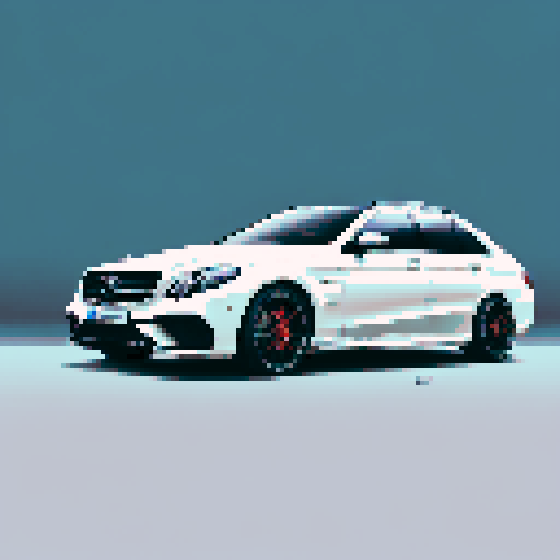 Photorealistic whole Mercedes-Benz E 63 AMG, three-quarter view, right front wheel, clean background, sRGB colors, pixel art style
