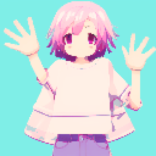anime girl, pixel art, waving, 54x54 canvas, vibrant colors, big sparkling eyes, kawaii expression, flowing hair, cute outfit, detailed shading, delicate pixel work, motion lines, cheerful smile