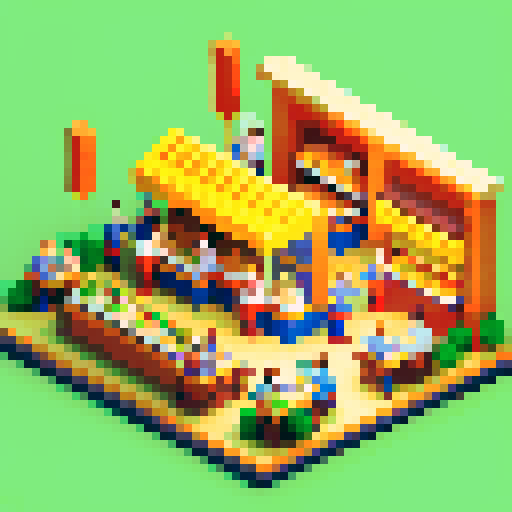 bustling Dining hall with characters eating burgers and a worker at a checkout desk in the center