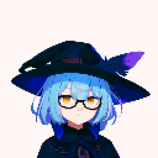 male, symmetrical face, closed mouth, yellow eyes, hair between eyes, solo male, straight-on, facing viewer, light blue hair, bob cut, white pupils, tsurime, pepekekeko, long bangs, flowing sleeves, capelet, perfect anatomy, blunt bangs, intricate details, witch hat, feather, glasses, pixel art, sRGB
