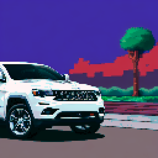 Photorealistic, centered Jeep Grand Cherokee in a three quarter view, right wheel in front, clean background, pixel art style with sRGB colors