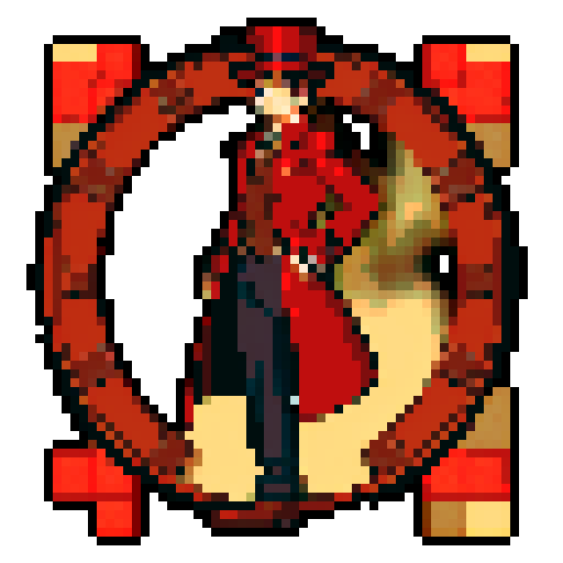 steampunk young man, red coat, red hat, 2D game stance, pixel art, sRGB