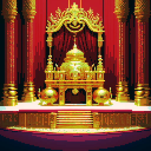 Golden litterbox, ornate and meticulously detailed, resembling a shrine of immense wealth, radiating opulence and extravagance, rendered in vibrant pixel art with rich hues and shimmering textures, evoking a sense of luxury and grandeur, bathed in the vibrant sRGB color space
