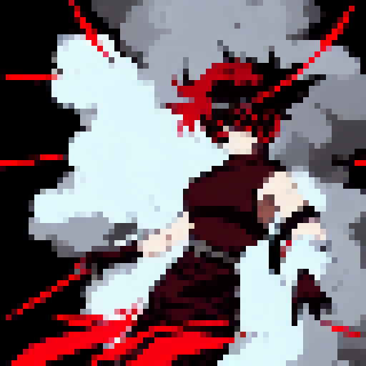 Rogue assassin and demon slayer, adorned in red and black garb, fiercely battle amidst a Yo-Hokki Style world of swirling smoke and sharp-edged shadows.