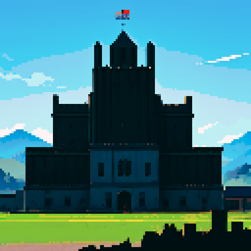 black fortress, military base, black military building backdrop, evil headquarters, skull on building