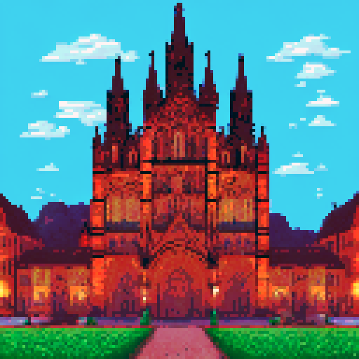 A giant gothic cathedral in the middle of a medieval village