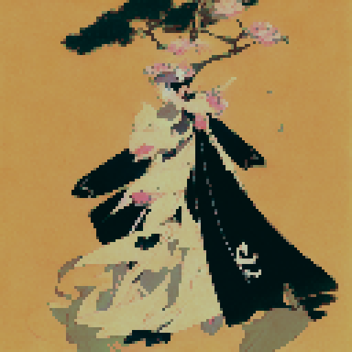 A pale, ethereal figure floats amidst cascading cherry blossom petals, holding a scythe with intricate engravings and wearing a flowing black robe with golden trimmings