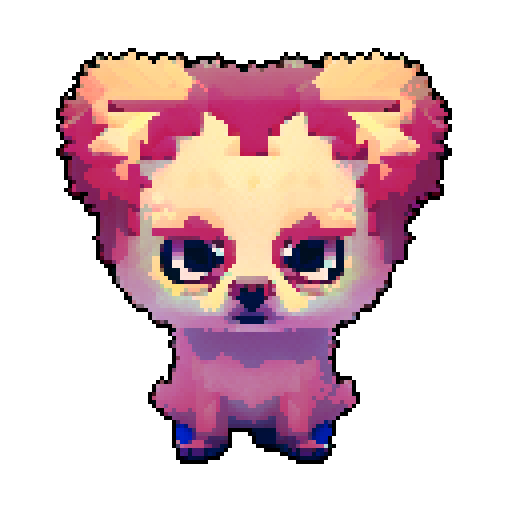 Pomeranian, fluffy, vibrant colors, pixel art, playful expression, lively eyes, tiny paws, animated tail, adorable posture, endearing facial features, intricate pixel details