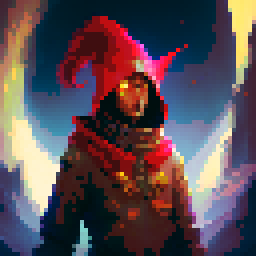 "Create a static image of a red mage character with red bycocket hat, red cloak, and white feather on a blue background reminiscent of an original NES status screen."