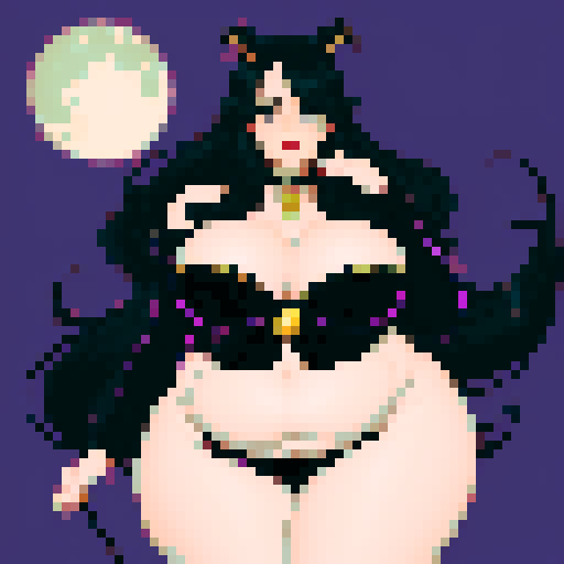 (voluptuous) skillful Azealia was a sight to behold, with her long, feathery, black hair, purple eyeliner highlighting her bewitching gaze, and with a shade of bright crimson painted on her lips. Her body was covered, by a skintight black gown with hanging sleeves that reached down to her thin waist and perfectly, curved bottom. A moon amulet dangled around her neck, dipping into the impressive pair of cleavage that the horny bachelor couldn’t take his eyes off of. (fat belly:0.9). (saggy) (larg