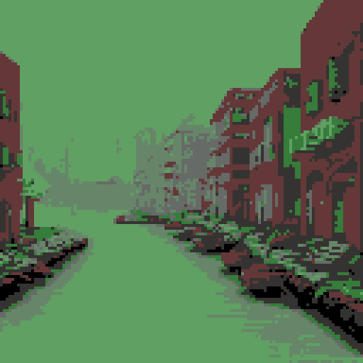 Post apocalyptic Venice, Italy as a pixelart background for a game. Stone castles and buildings with moss. Murky background.