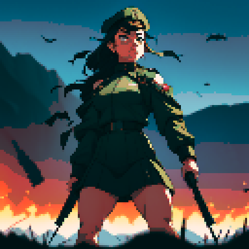 full-body image, muscle girl, female, thick biceps, big shoulders, big fists, muscular physique, thick waist, facing left, ready to fight, exaggerated proportions, black military uniform, black hat, military backdrop, sRGB, pixel art, army behind her, military behind her, army in background, army, soldiers, evil, dark, evil soldiers, black uniforms, destroyed town, battlefield