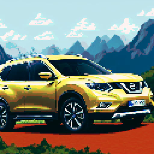 Photorealistic whole Nissan X-Trail, three-quarter view, right front wheel, clean background, sRGB colors, pixel art style

