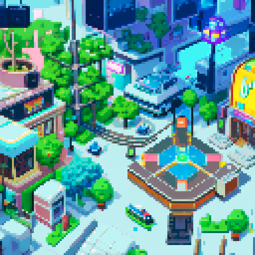 Conton City, bustling streets, neon signs, towering skyscrapers, retro arcade machines, futuristic hovercars, pixelated characters, colorful storefronts, sRGB color palette