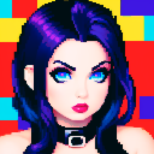 curvy, busty goth girl, whole head portrait, face portrait, close up, glamour shot, leather halter top, modern tile backsplash, vivid colors, pixel art, sRGB