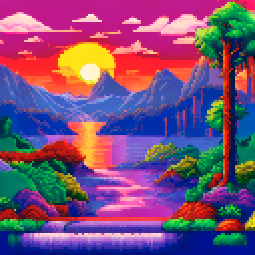 a serene landscape of trees and water, and a sunrise. use of colors of red blue yellow and green.