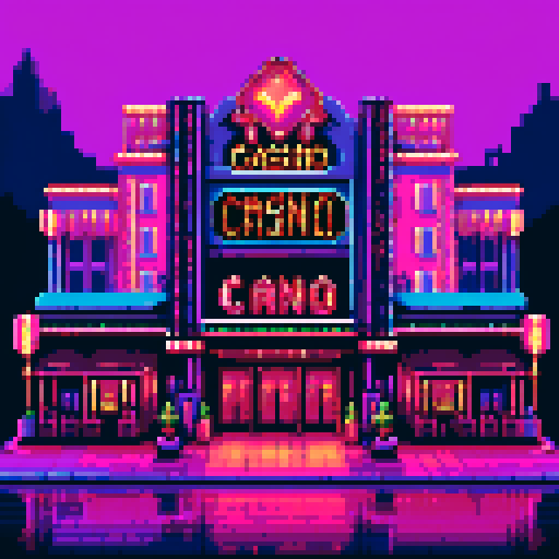 Entrance to a bustling casino, vibrant neon lights flickering, retro-inspired pixel art creating a lively and immersive sRGB experience