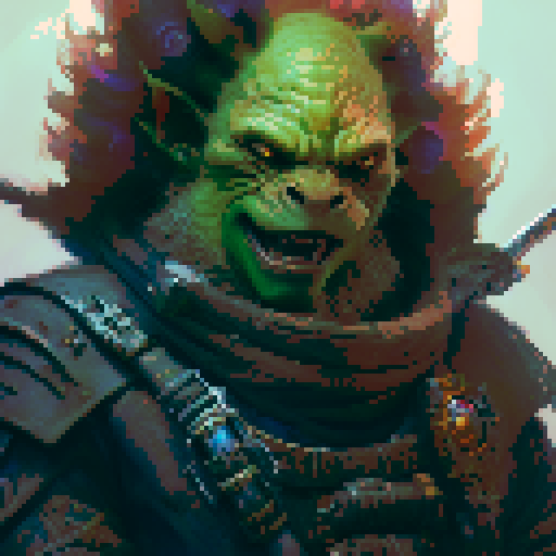 Orc warrior, medieval, fierce, angry chieftain, battle-ready, muscular, wielding a massive axe, adorned with intimidating tribal tattoos, standing amidst a smoky battlefield, surrounded by fallen enemies, in a fantasy RPG art style