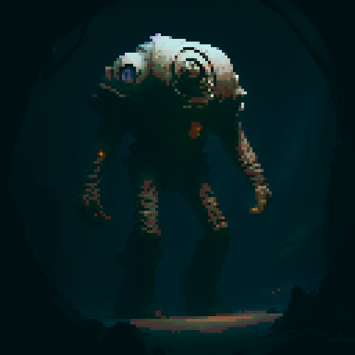 Giant golem made of rocks, wandering through a cave