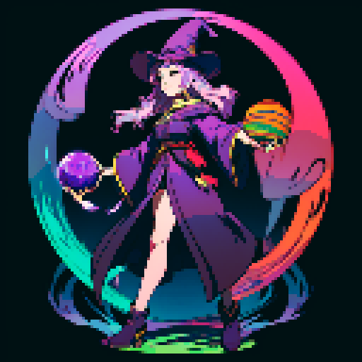full-body art, witch, facing right, ready to fight, with a big witch hat, vibrant purple robes, long flowing hair, holding a glowing crystal ball, surrounded by swirling colorful magic, casting spells in a mystical forest, with a crescent moon shining above, pixelated style with detailed shading